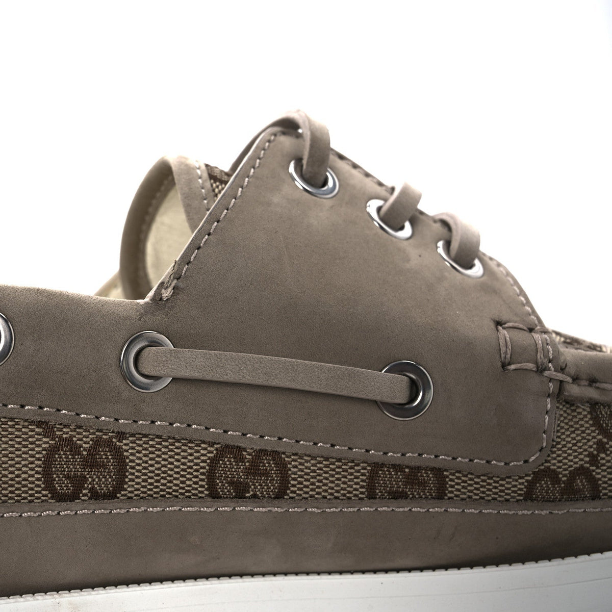 GG Supreme Monogram Canvas Nubuck Mens Lace Up Boat Shoes 9.5 Oatmeal Beige Ebony