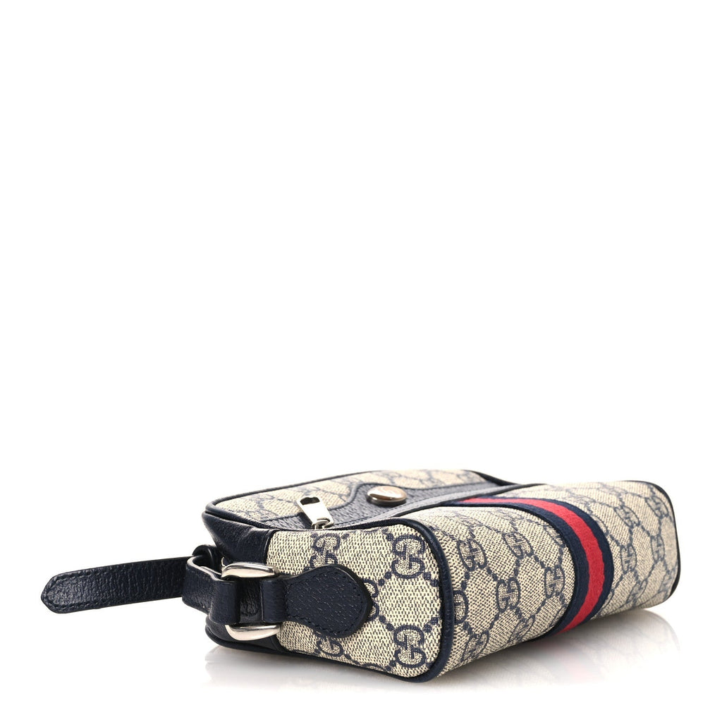 GG Supreme Monogram Textured Dollar Calfskin Web Mini Ophidia Shoulder Bag Beige Blue