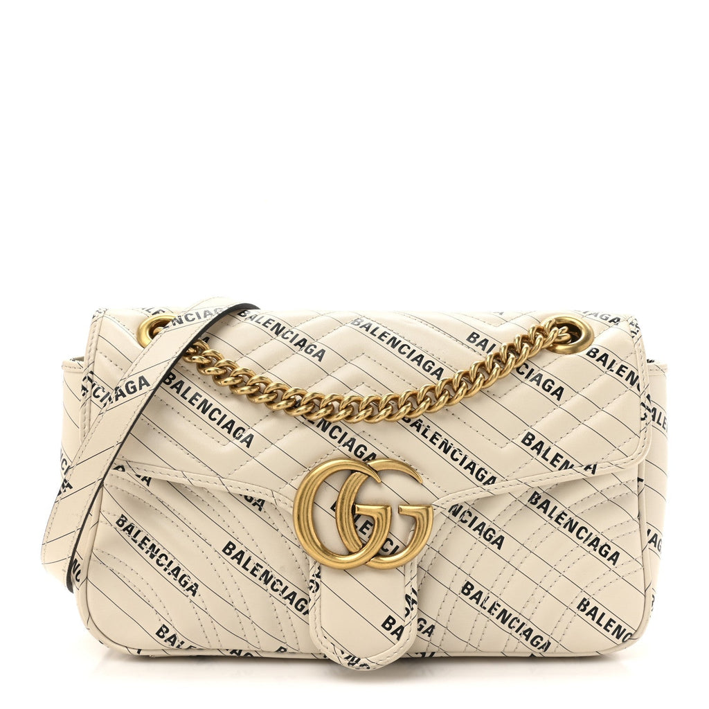 X BALENCIAGA Calfskin Matelasse Logo Print Small GG Marmont Shoulder Bag White