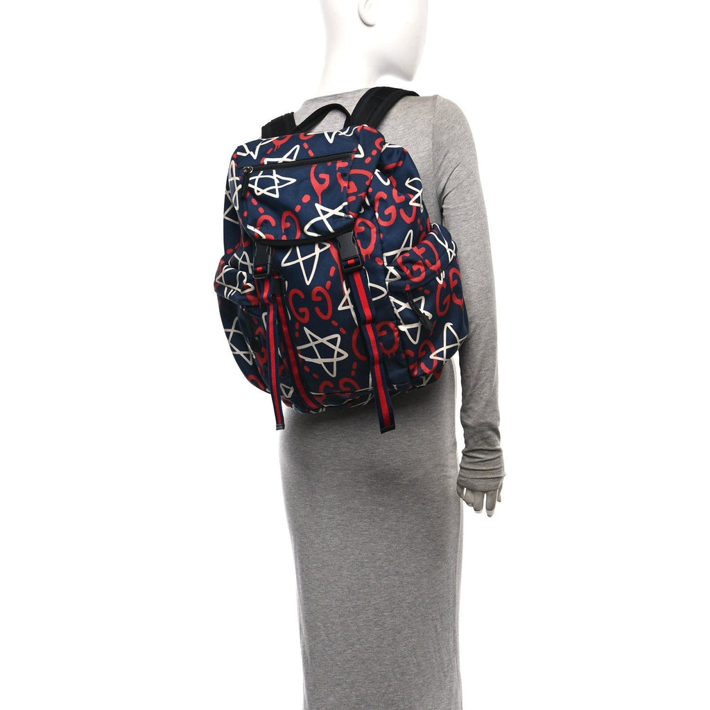 Techno Canvas GucciGhost Double Buckle Backpack Blue Agata Hibiscus Red