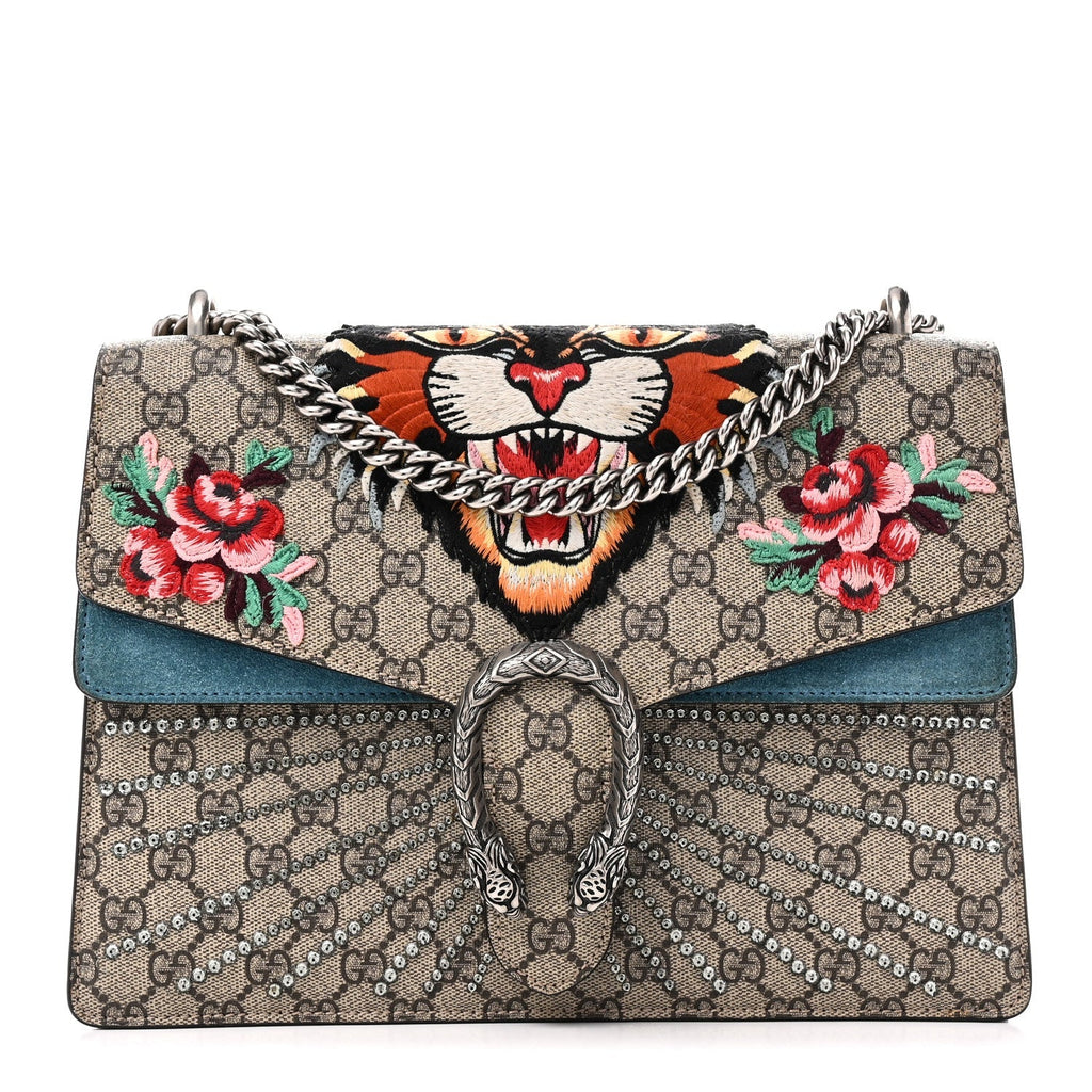 GG Supreme Monogram Angry Cat Embroidered Medium Dionysus Shoulder Bag Beige Ultramarine