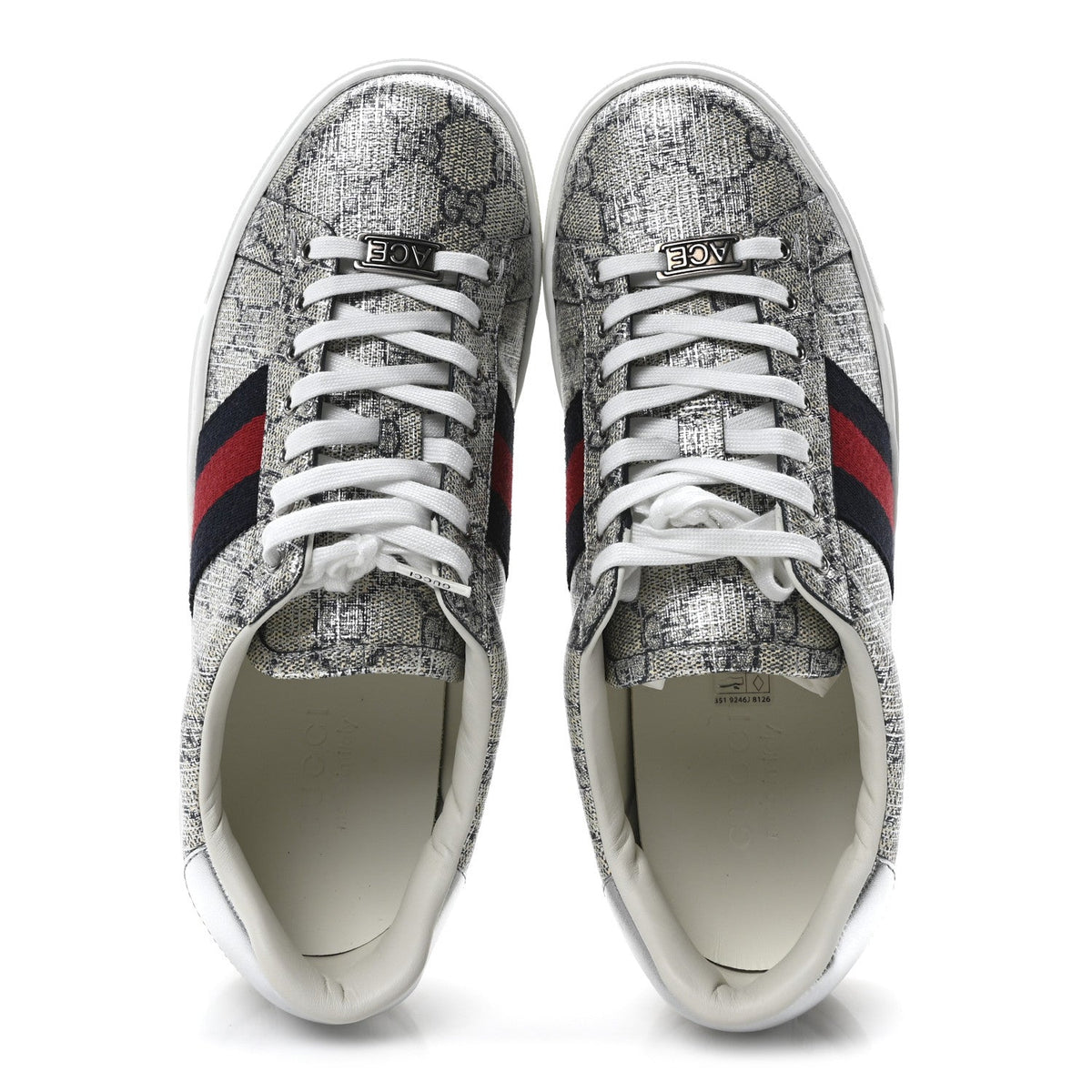 GG Supreme Monogram Metal Web Mens Ace Sneakers 7.5 Beige Blue Silver