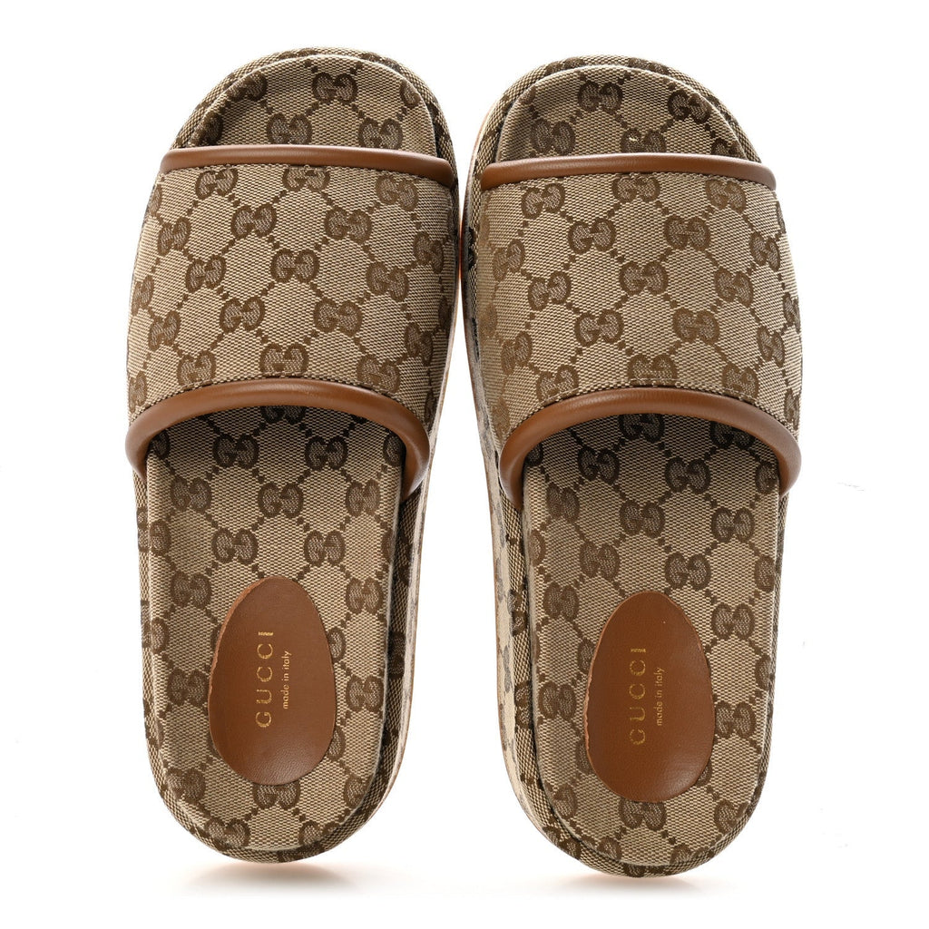 Original GG Canvas Monogram Womens GG Platform Sandals 38.5 Beige Ebony Sundial