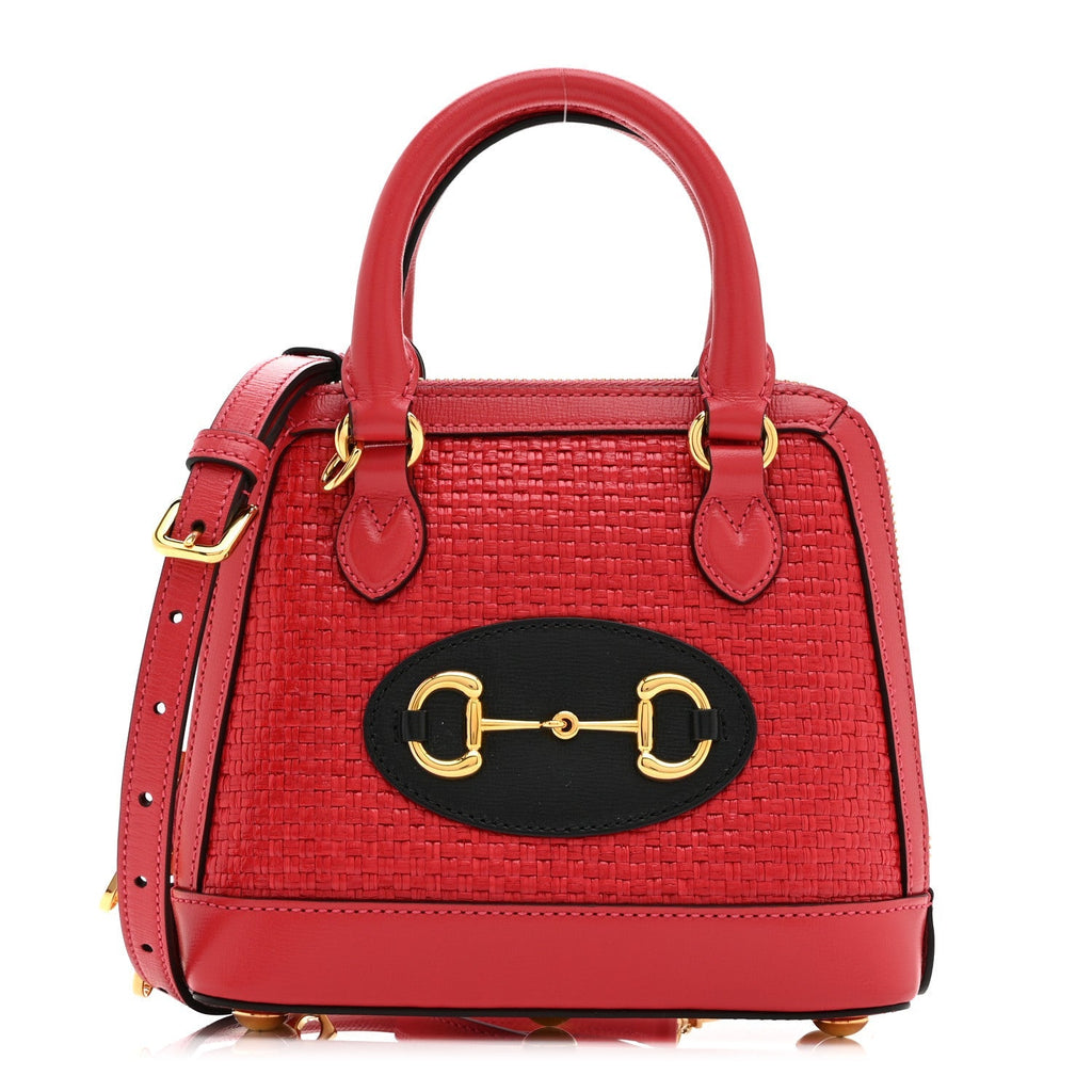 Straw Azalea Calfskin Woven Mini Horsebit 1955 Top Handle Bag Coral Wave Black