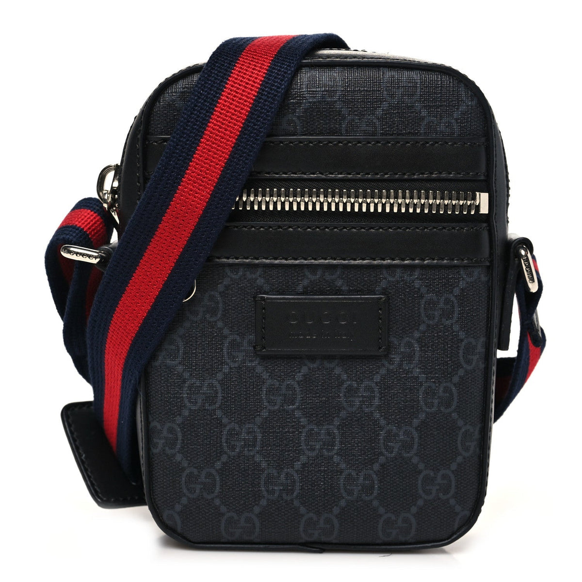 GG Supreme Monogram Appia Calfskin Web Small Camera Messenger Bag Black Grey
