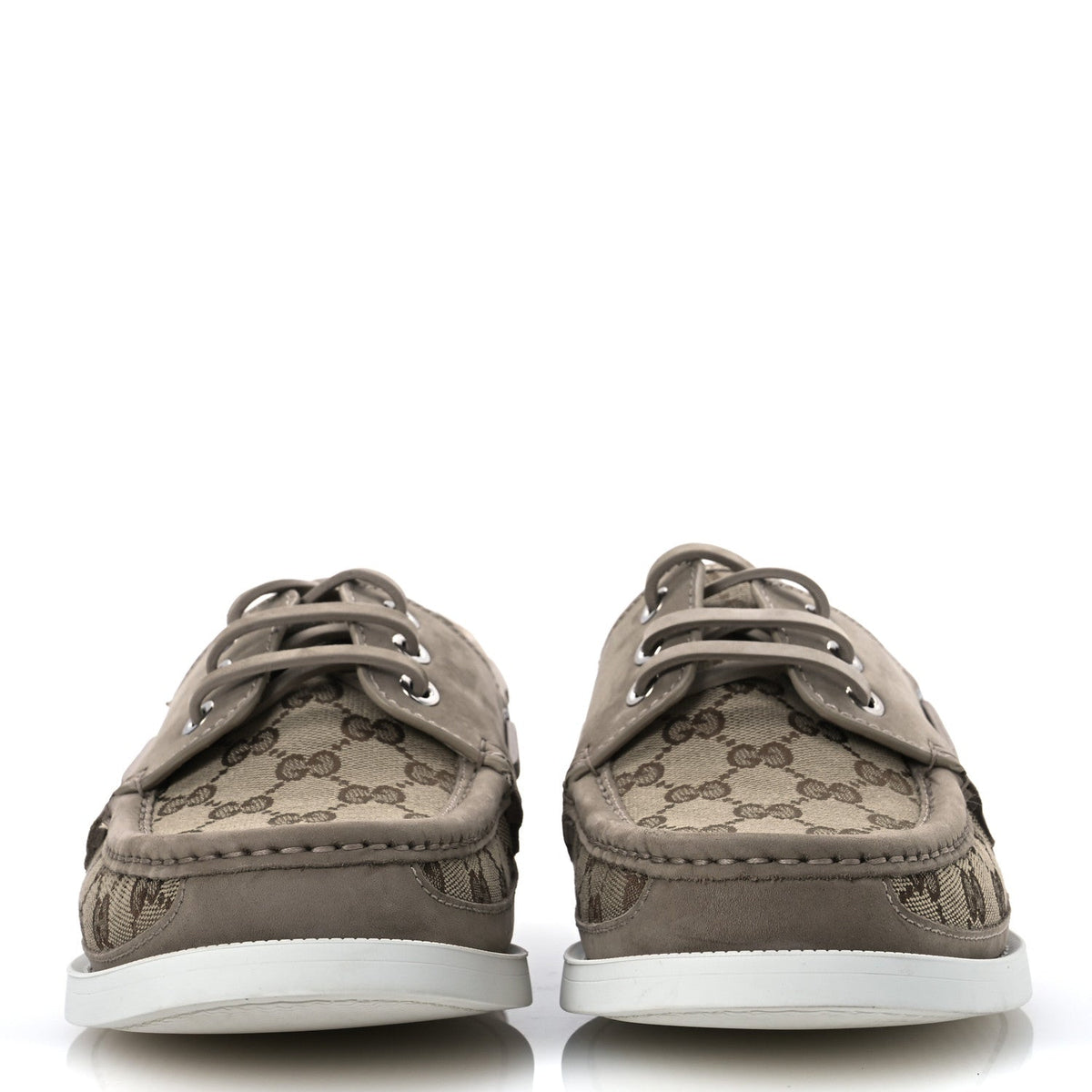 GG Supreme Monogram Canvas Nubuck Mens Lace Up Boat Shoes 9.5 Oatmeal Beige Ebony