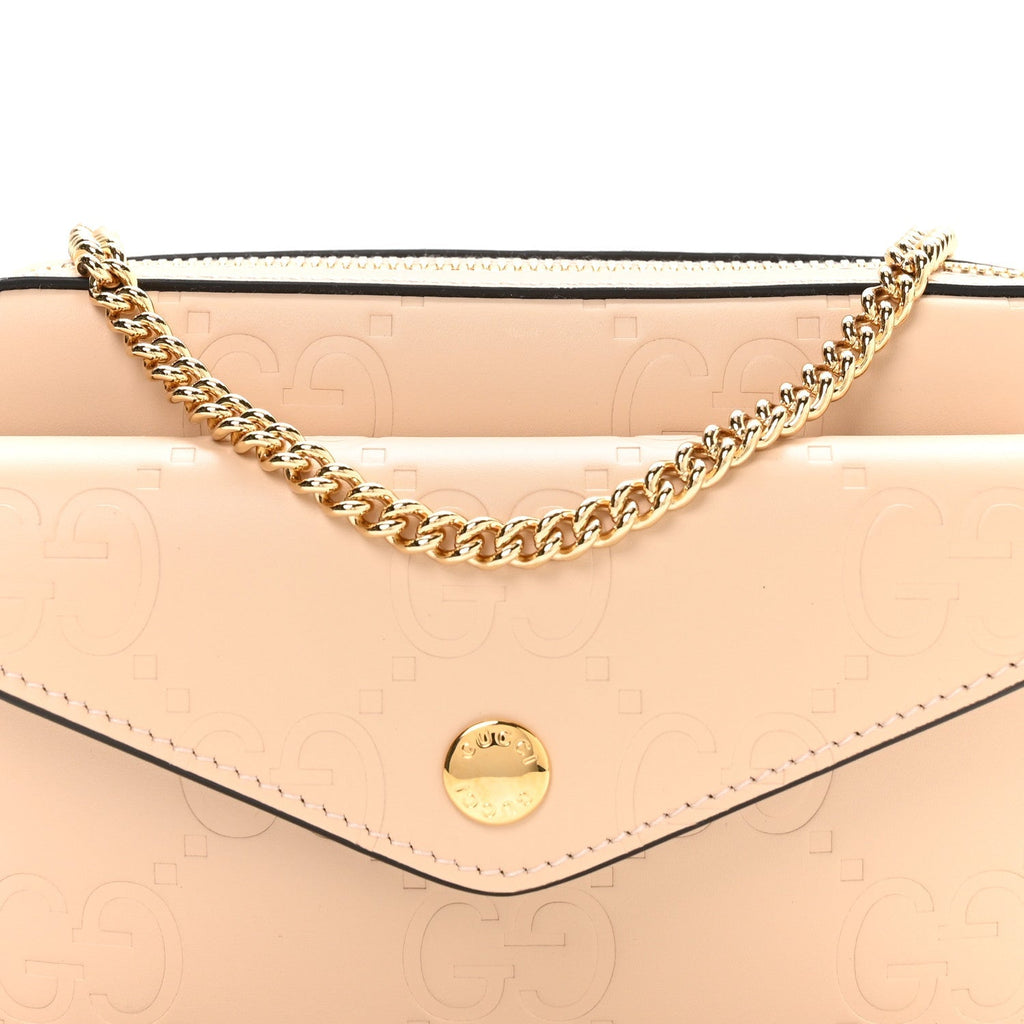 Calfskin GG Super Mini Debossed Chain Wallet Light Beige