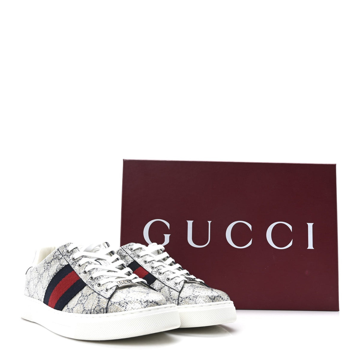GG Supreme Monogram Metal Web Mens Ace Sneakers 7.5 Beige Blue Silver