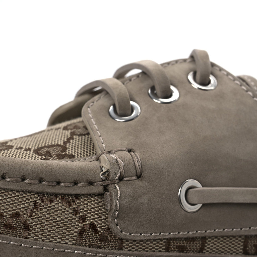 GG Supreme Monogram Canvas Nubuck Mens Lace Up Boat Shoes 9.5 Oatmeal Beige Ebony