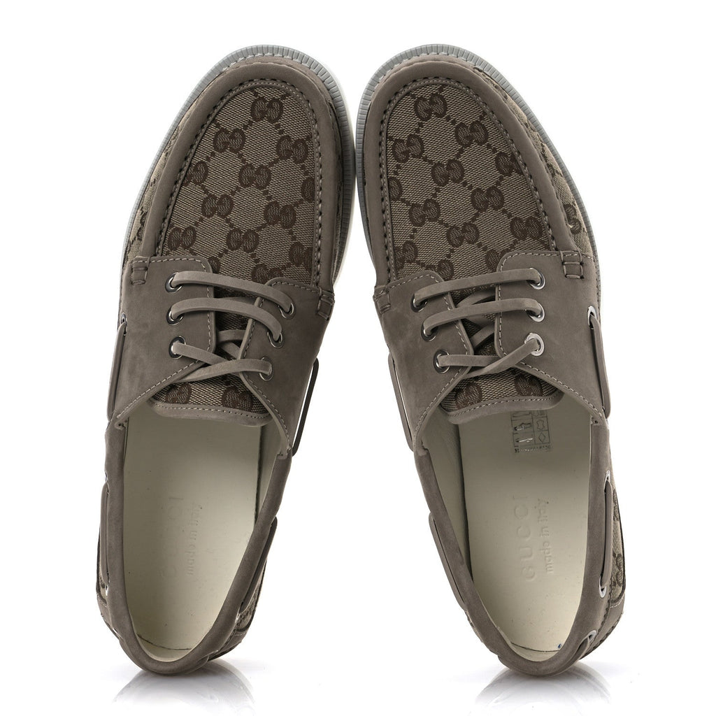 GG Supreme Monogram Canvas Nubuck Mens Lace Up Boat Shoes 9.5 Oatmeal Beige Ebony